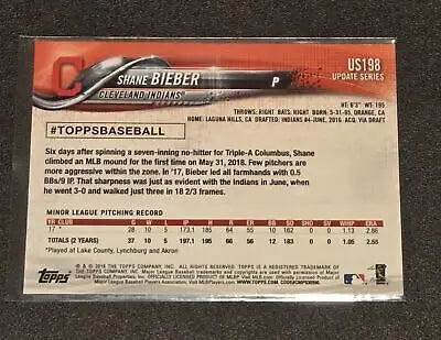 2018 Topps Update US198A Shane Bieber baseball card featuring Shane Bieber player