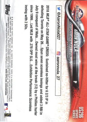 Baseball card back with original gloss for 2018 Topps Update Aaron Nola Phillies