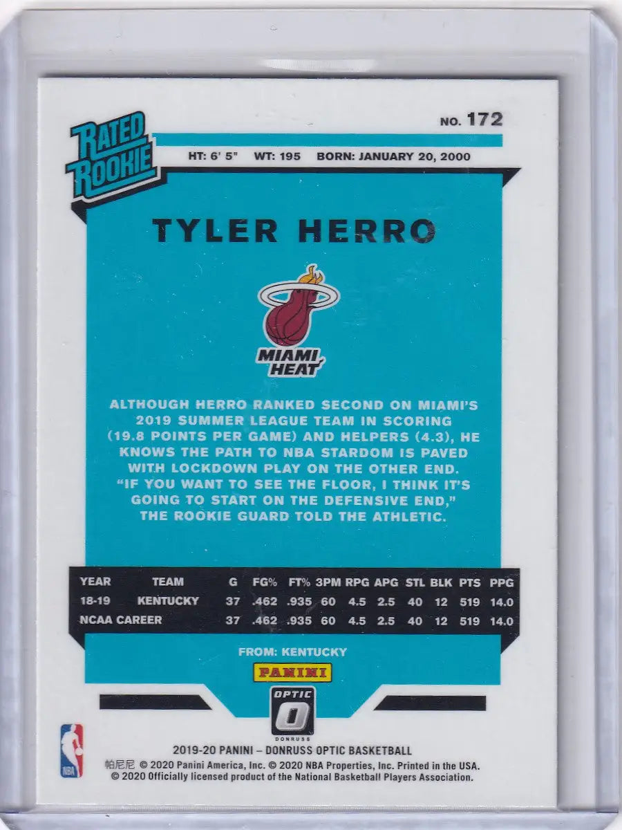 Tyler Herro Rated Rookie basketball card from 2019-20 Panini Donruss Optic series