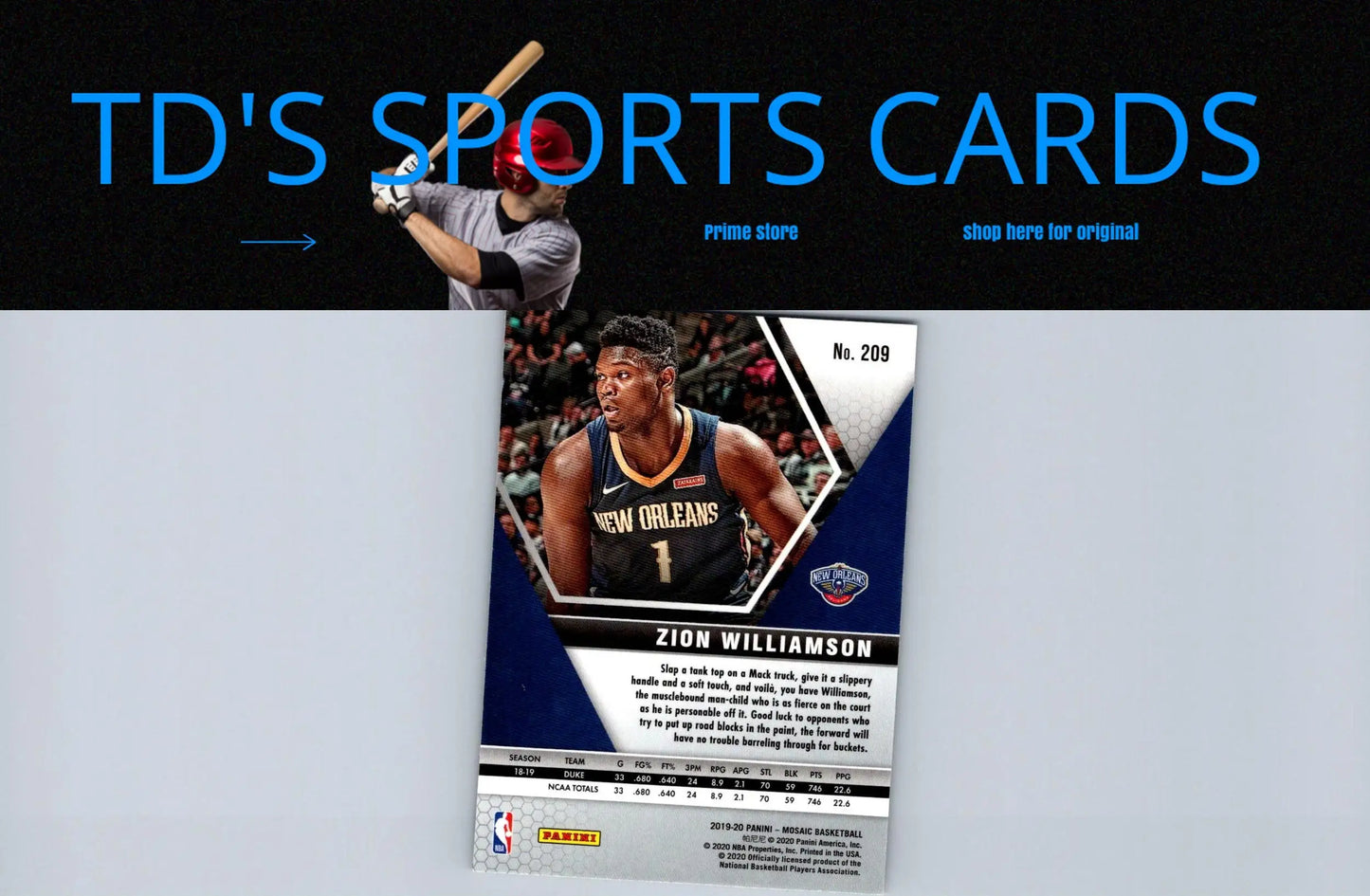 Zion Williamson 2019-20 Panini Mosaic #209 basketball trading card for collectors