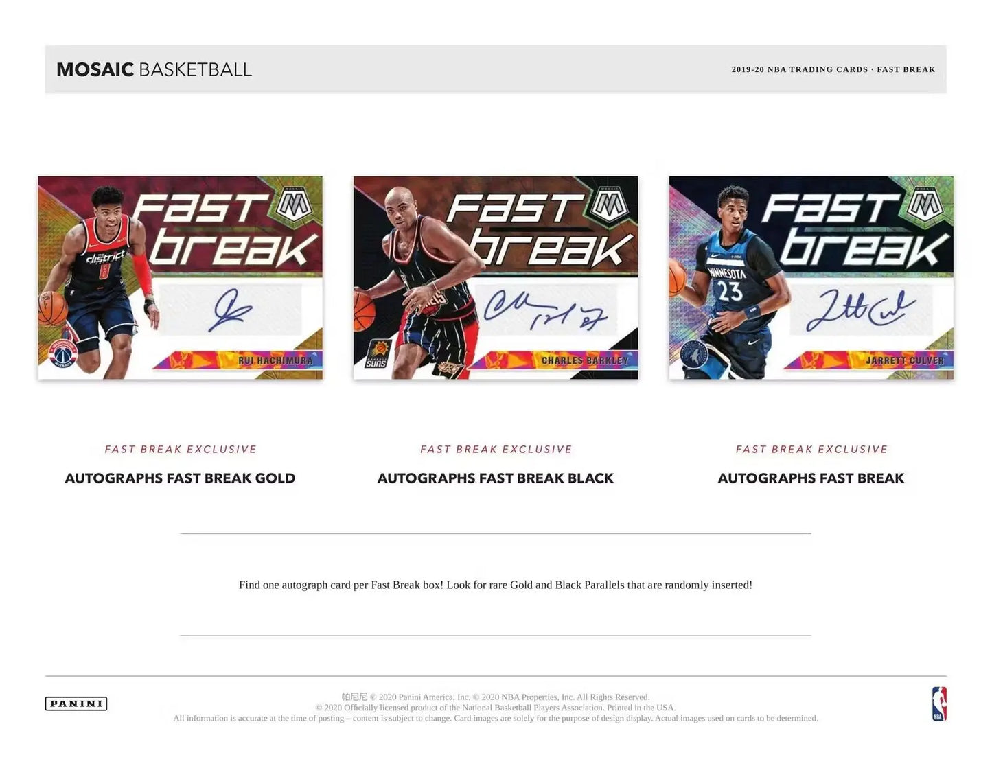 Mosaic basketball trading cards from 2019-20 Panini Mosaic Fast Break Box featuring NBA debut and black parallels