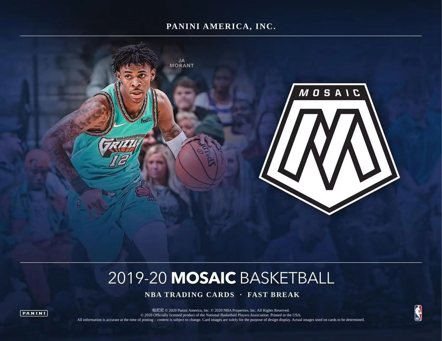 Basketball trading card featuring NBA debut and black parallels from 2019-20 Panini Mosaic Fast Break Box