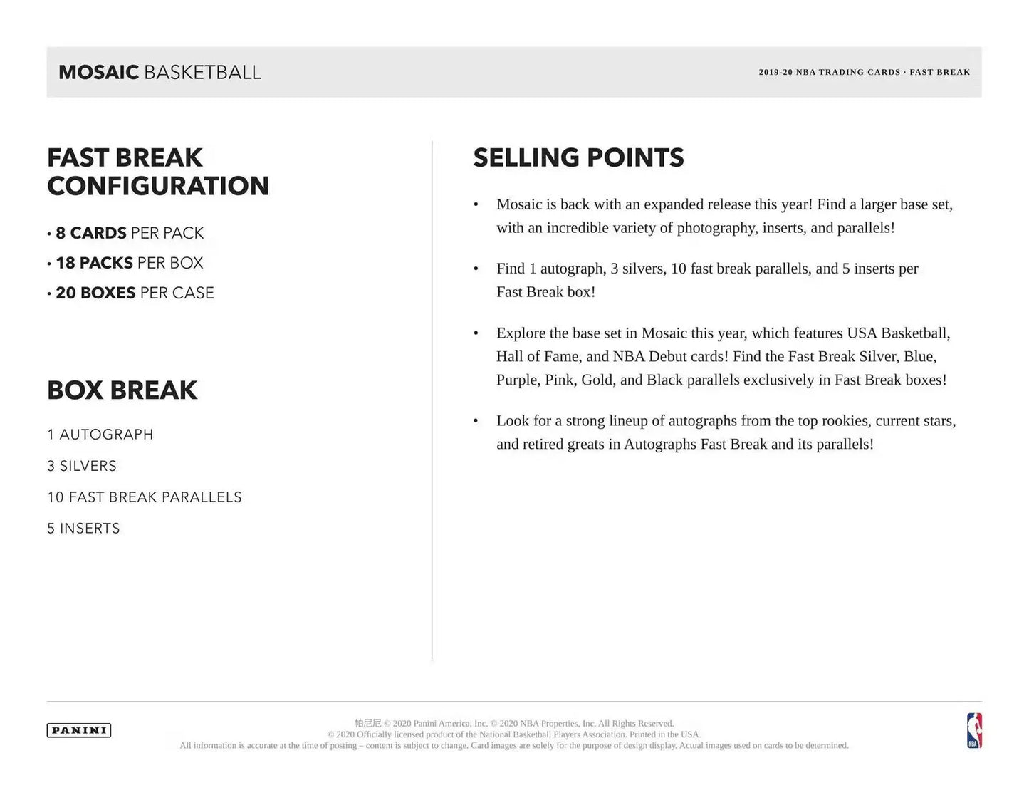 Mosaic basketball card details featuring fast break parallels and NBA debut black parallels