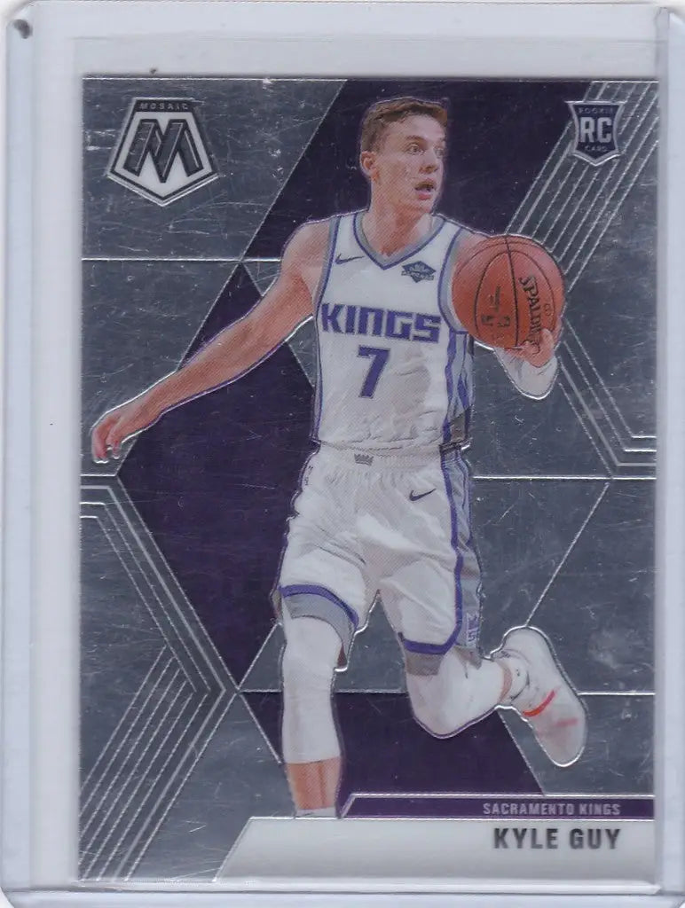 Basketball trading card of Kyle Guy Sacramento Kings in white uniform dribbling ball