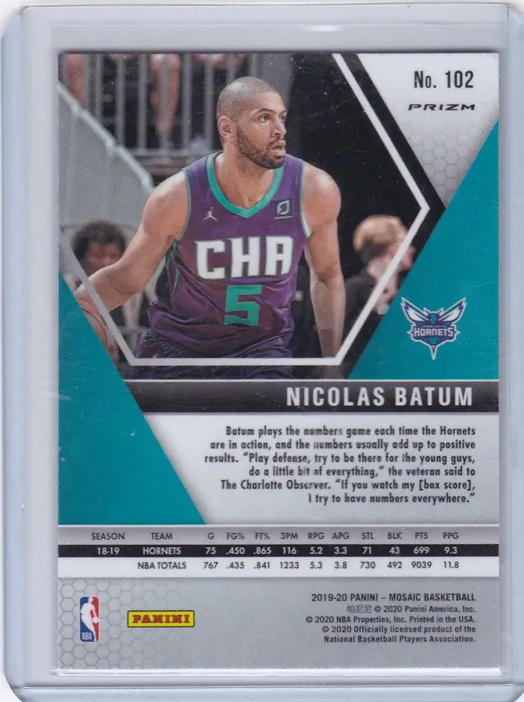 Basketball trading card of Nicolas Batum Hornets in purple jersey, Panini Mosaic Red/Green/Blue Reactive