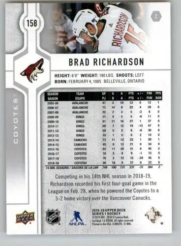 Hockey card back featuring Brad Richardson from 2019-20 Upper Deck with original gloss