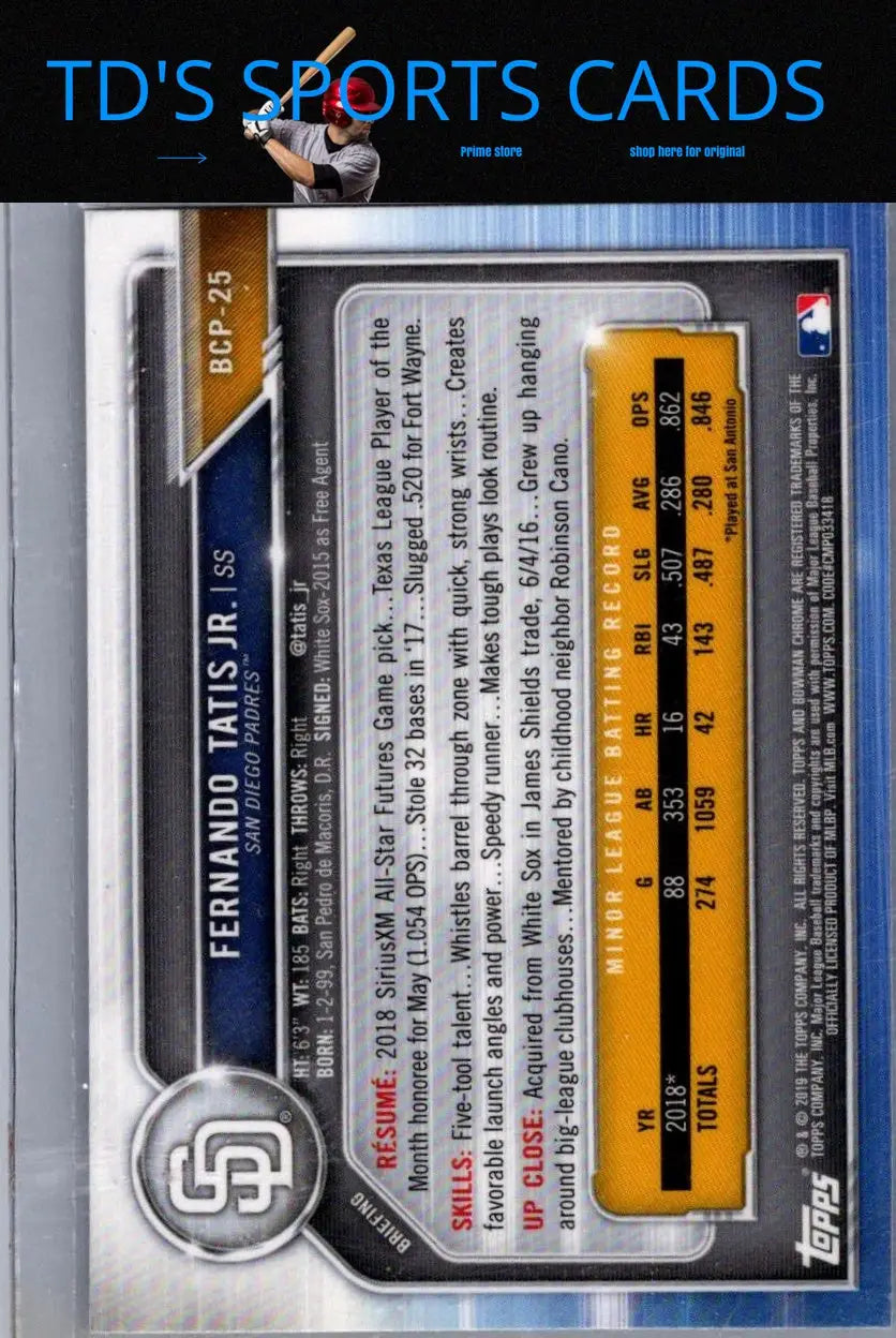 Fernando Tatis Jr. Mojo Refractors trading card with stats and biography for 2019 Bowman