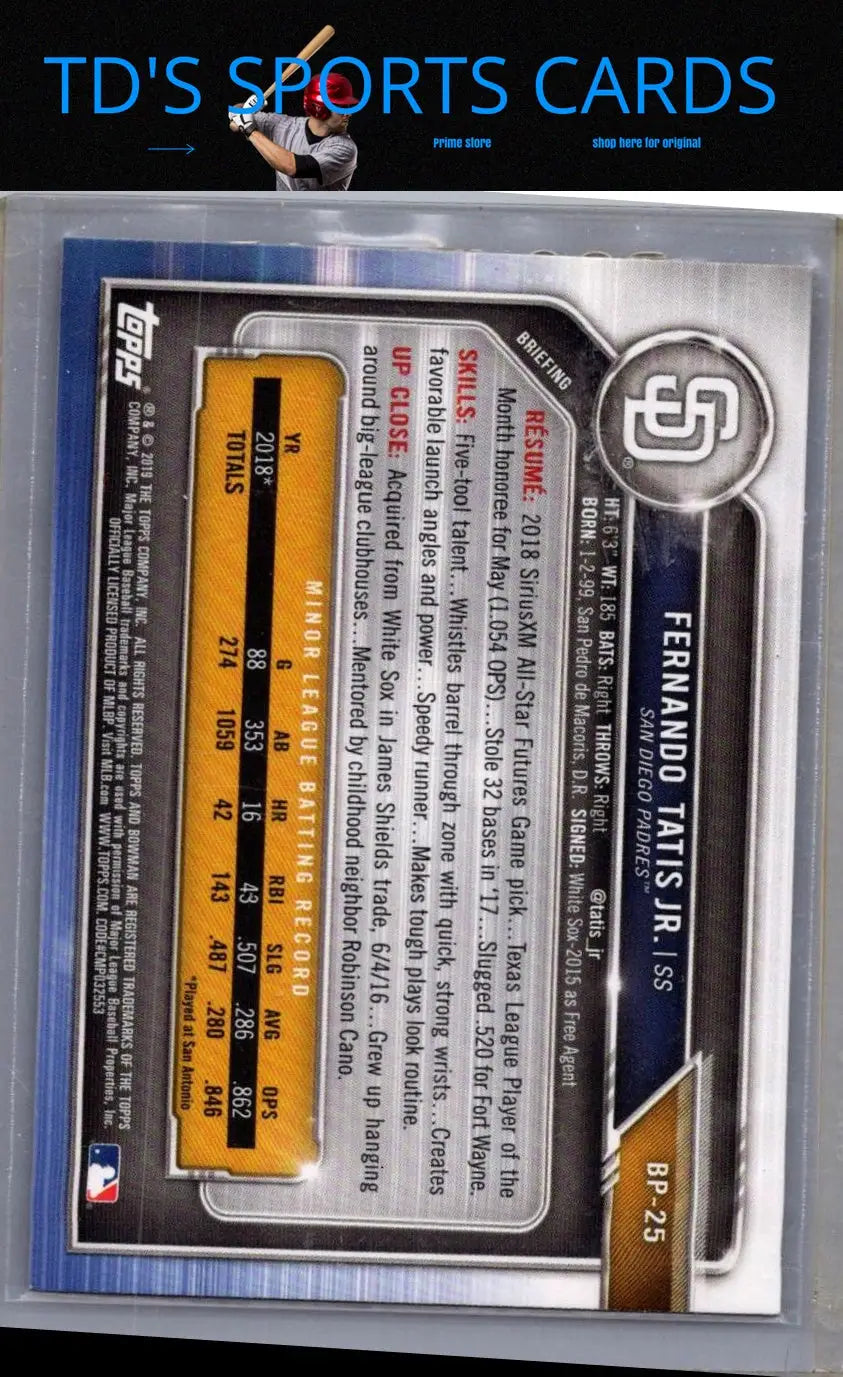 Baseball trading card of Fernando Tatis Jr. prospects camo RC from 2019 Bowman