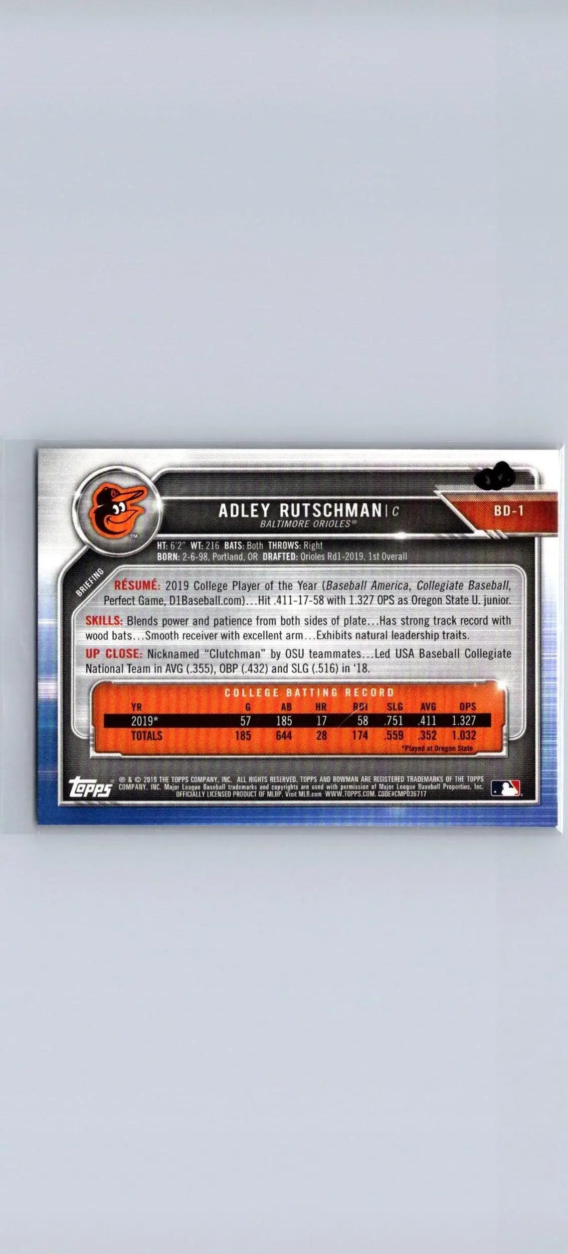 Adley Rutschman 2019 Bowman Draft #BD-1 trading card for collectors and fans