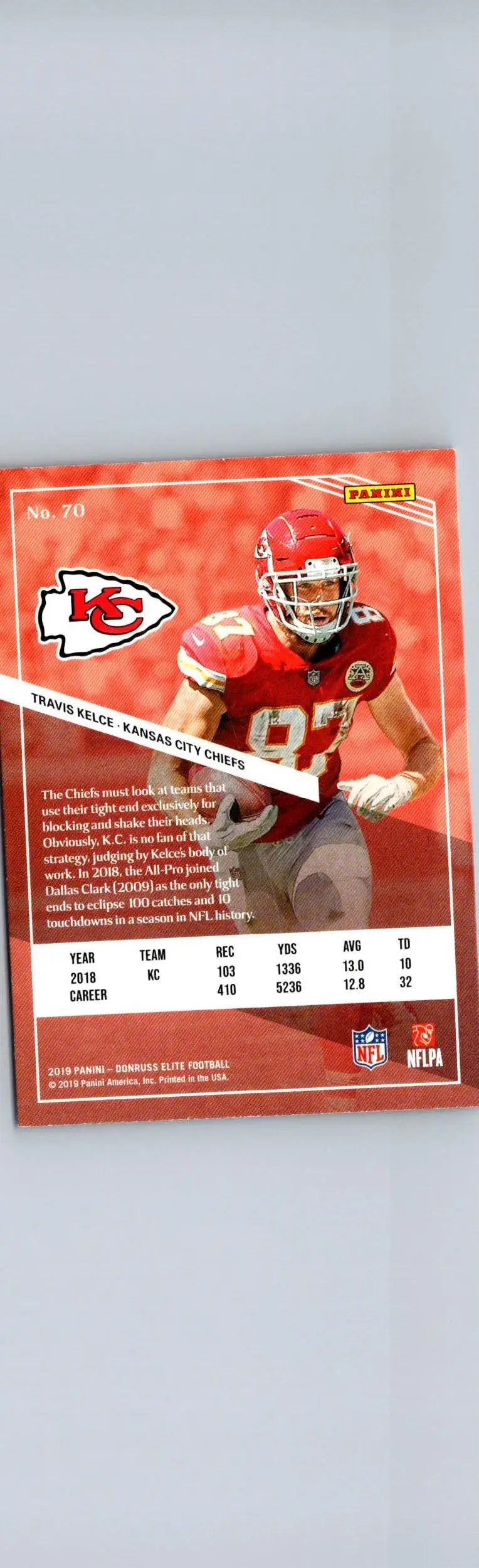 Football trading card featuring Travis Kelce from 2019 Donruss Elite collection