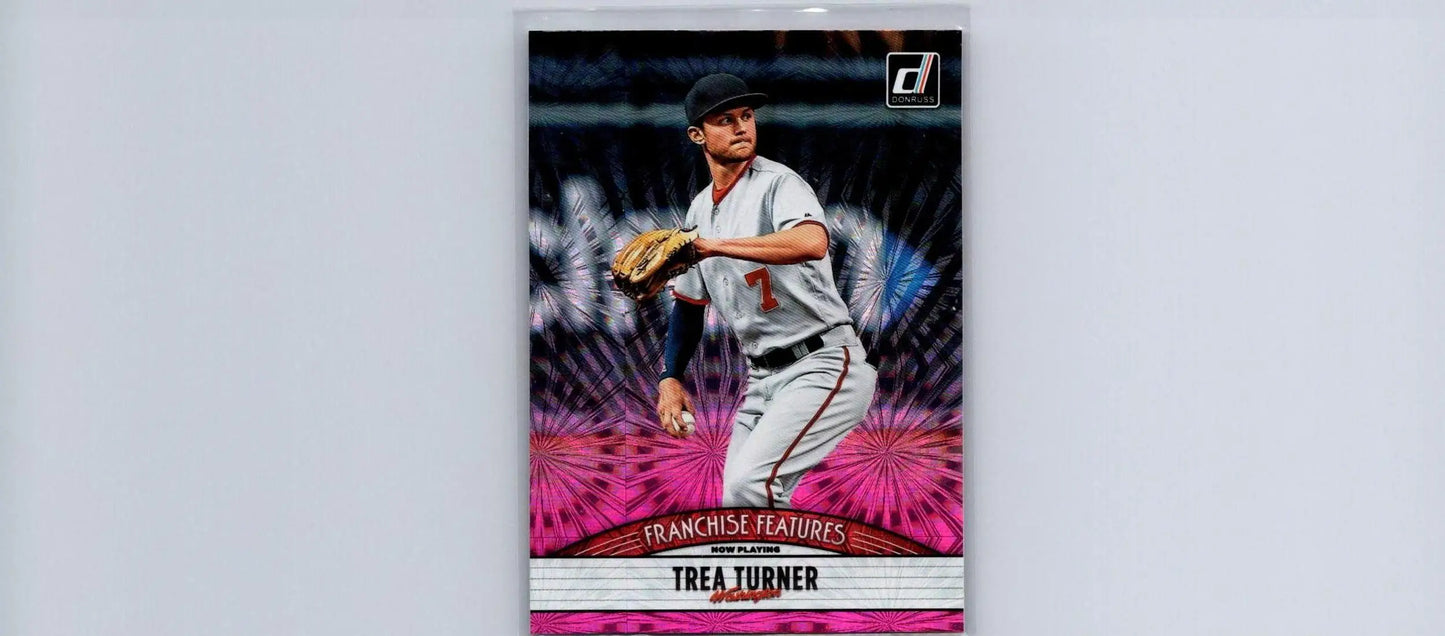 Trea Turner baseball card from 2019 Donruss FF9 featuring Wander Franco in pink fireworks