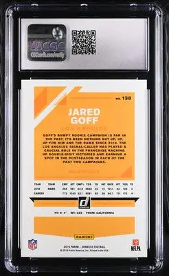 Graded Jared Goff football card from 2019 Donruss Jared Goff series in CGC 10 grade