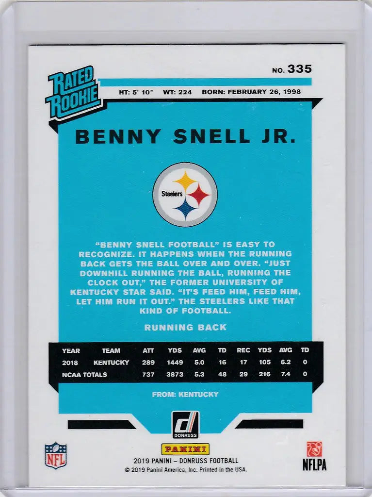 Benny Snell Pittsburgh Steelers Football Trading Card from Donruss Rated Rookies Press Proof