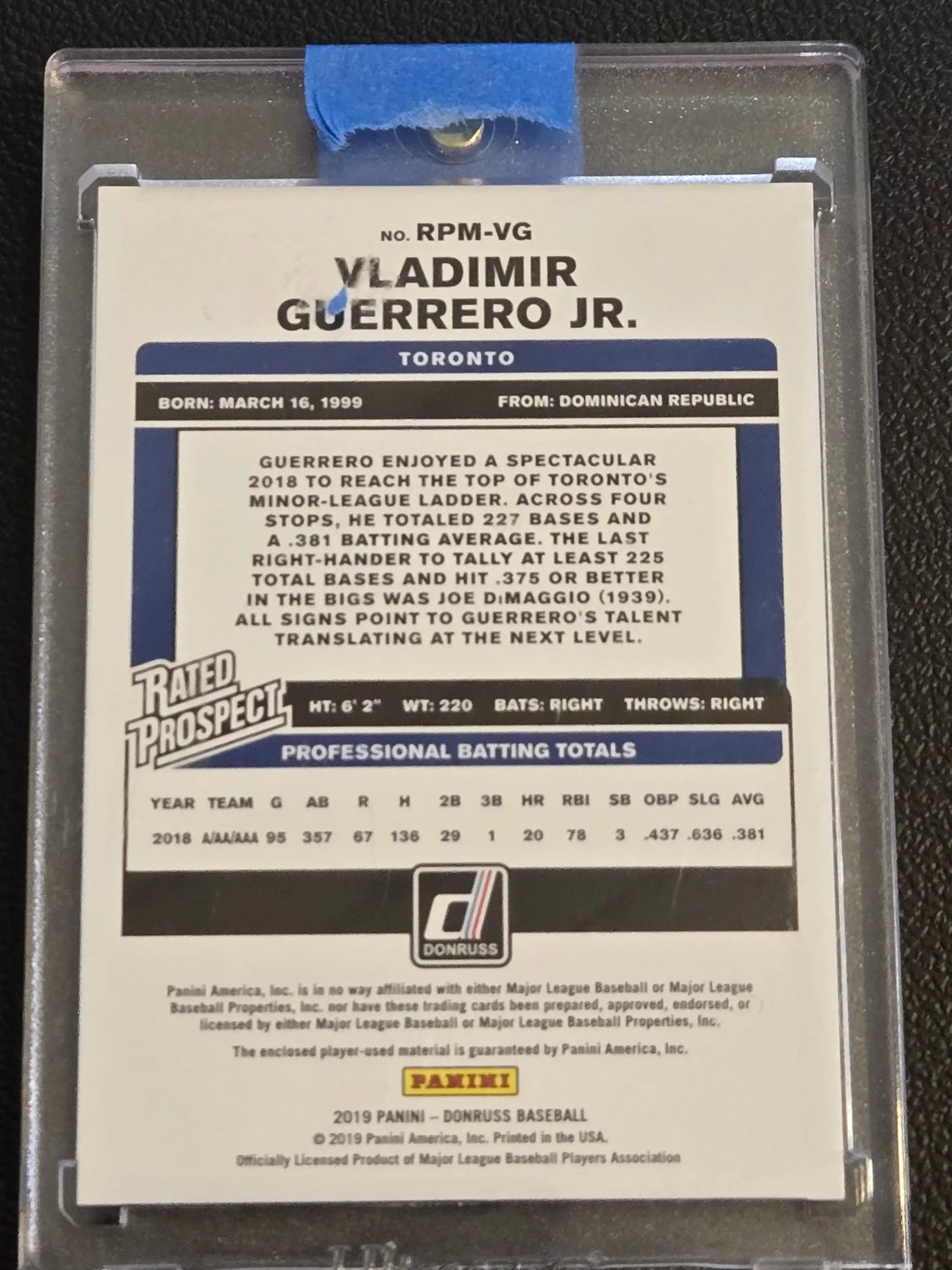 Back of Vladimir Guerrero Jr rated prospect material baseball card in protective case