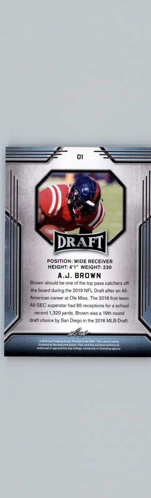 2019 Leaf Draft A.J. Brown Ole Miss Rebels football card showcasing draft collectible