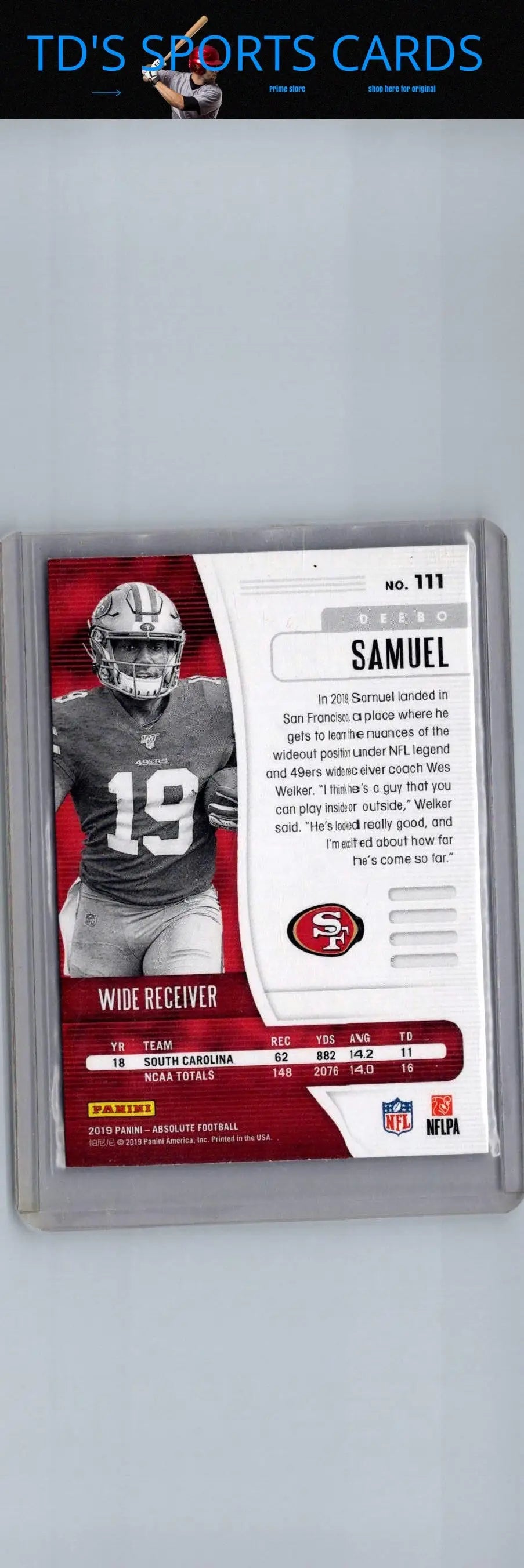 Football trading card featuring Deebo Samuel from 2019 Panini Absolute Retail