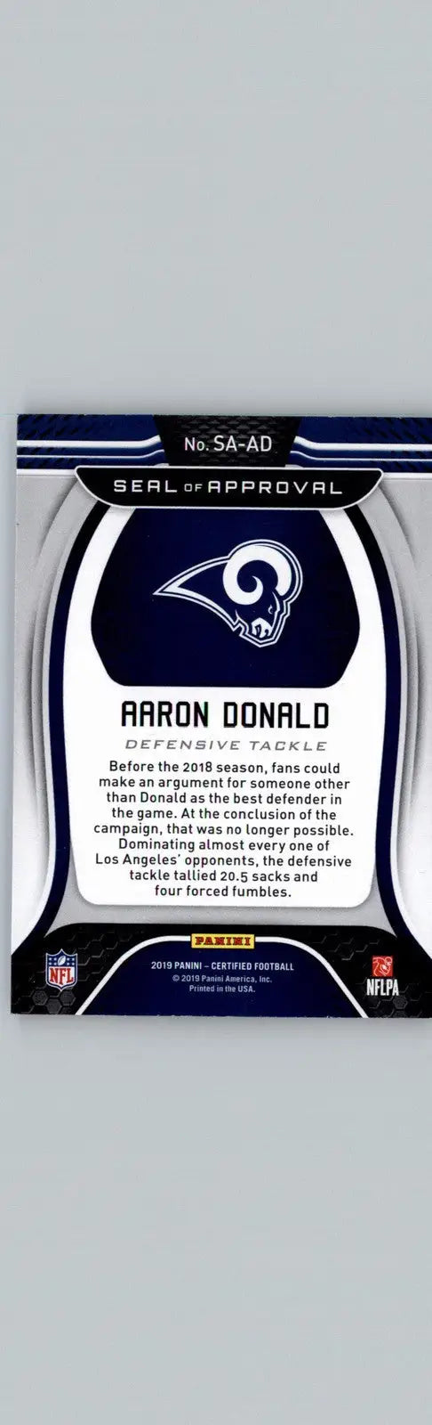 Aaron Donald football card featuring Aaron Donald Seal of Approval from Panini Certified