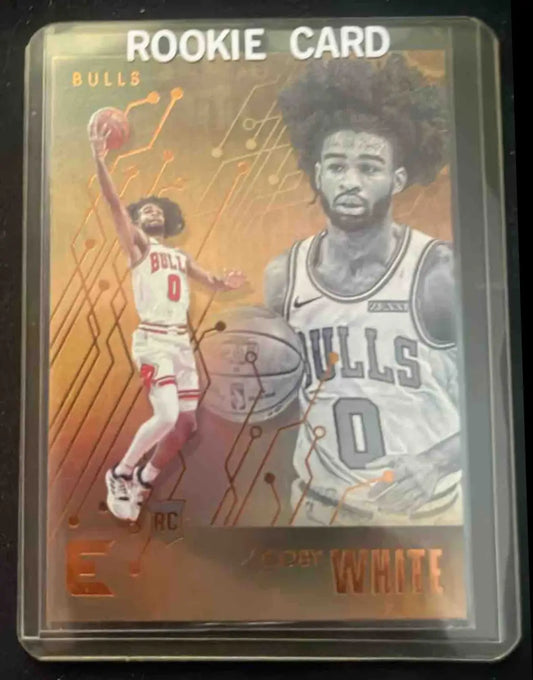 Gold-colored basketball rookie card featuring Coby White of the Chicago Bulls from Panini Chronicles Coby collection