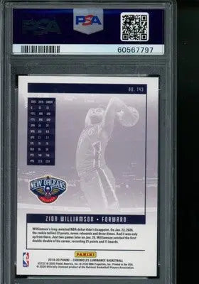 Graded Panini Chronicles Zion Williamson basketball card from 2019 Chronicles Zion Williamson series