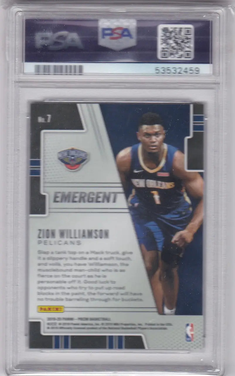 Graded Zion Williamson Emergent PSA basketball trading card from 2019 PRIZM EMERGENT PSA series