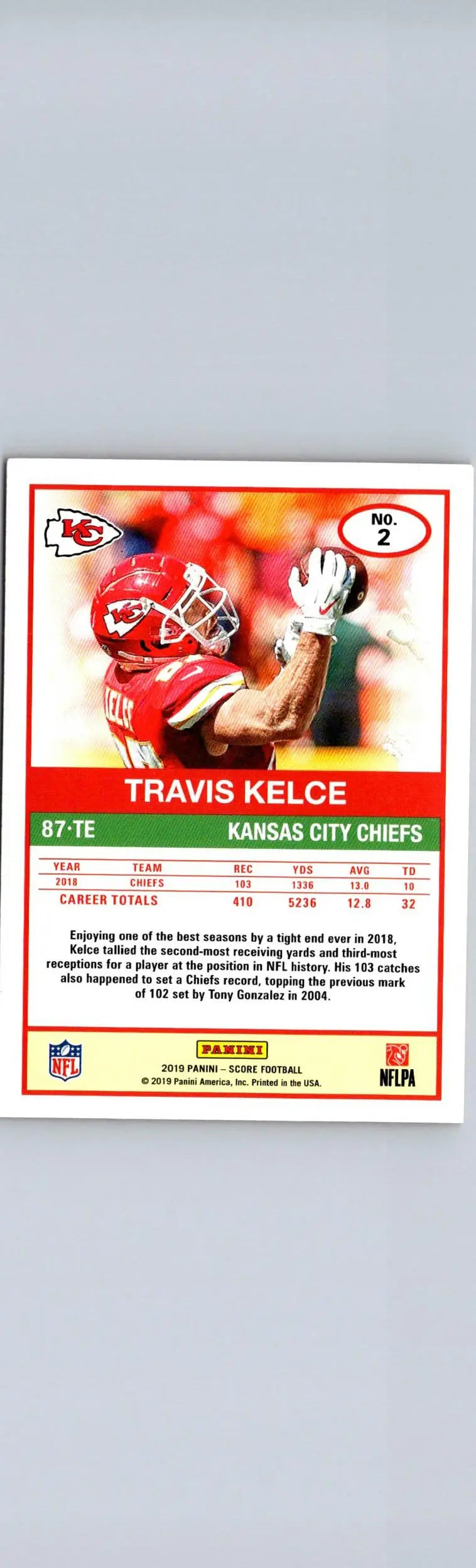 Travis Kelce football card 2019 Score Red Zone rare #20 featuring Kelce Red Zone design