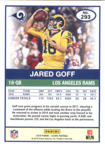 Jared Goff football card 2019 Score #293 NM-MT LA Rams with original gloss by Simply Sandoval
