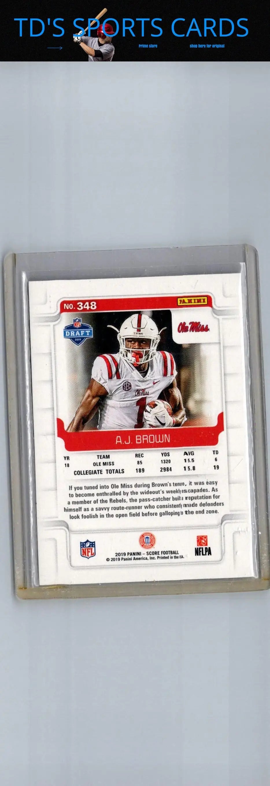 Encased A.J. Brown football card from 2019 Score #348 featuring a collectible NFL card