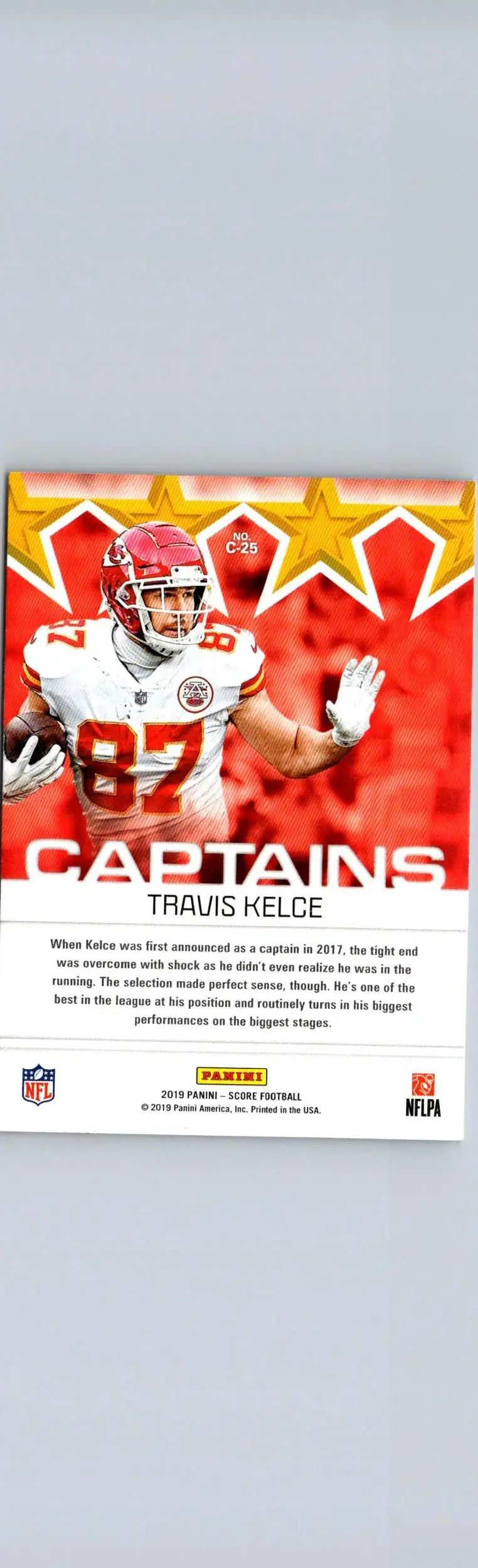 Travis Kelce football card from 2019 Score Captains series featuring Kelce Captains