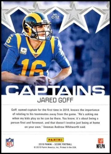 Jared Goff 2019 Score Captains #12 football card with original gloss from LA Rams