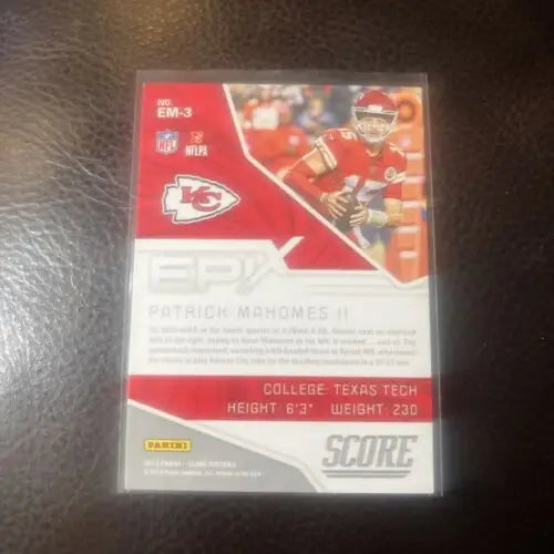 Patrick Mahomes II football card from 2019 Score Kansas City Chiefs trading card set