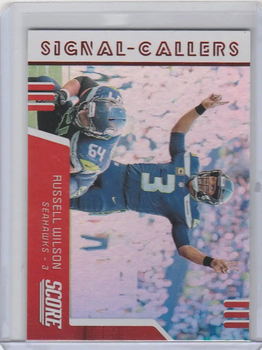 Football trading card of Russell Wilson Seattle Seahawks in blue uniform SC27