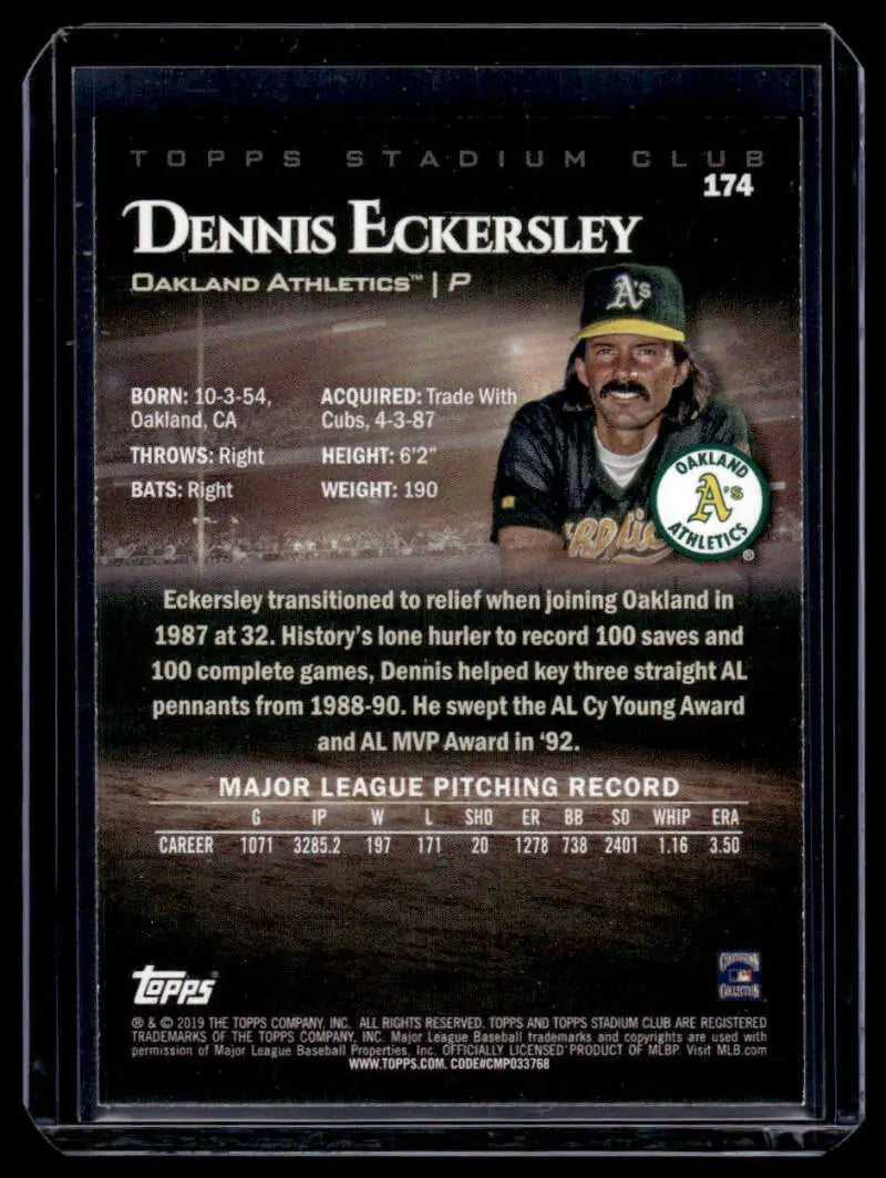 Baseball trading card of Dennis Eckersley with Oakland Athletics logo from Stadium Club