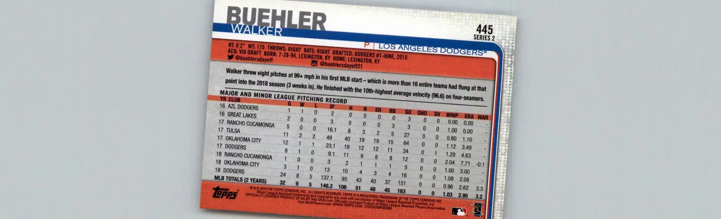 Back of Baseball Card featuring Walker Buehler Los Angeles Dodgers 2019 Topps #445