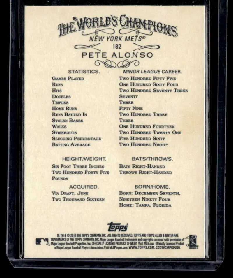 Baseball card featuring Pete Alonso career stats from New York Mets, Topps Allen NM-MT