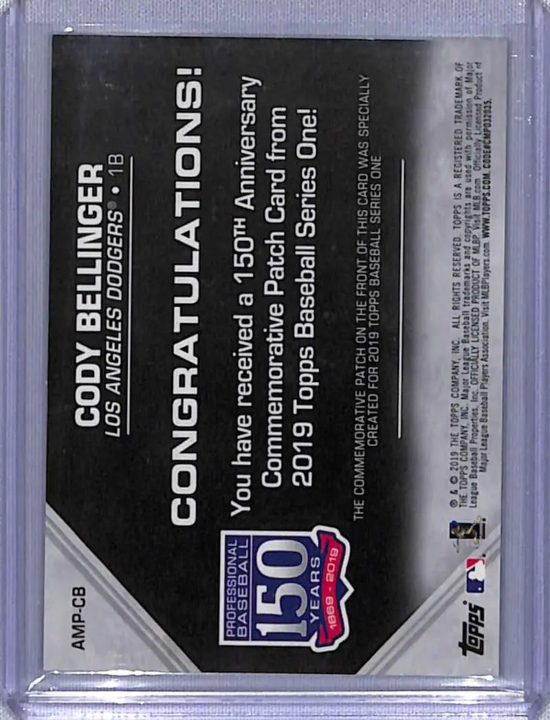 Baseball card featuring congratulations message for Cody Bellinger, Los Angeles Dodgers