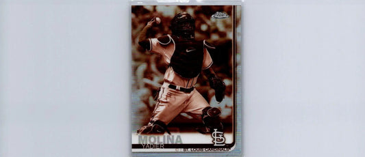 Baseball card of Yadier Molina throwing a ball from 2019 Topps Chrome Sepia Refractor