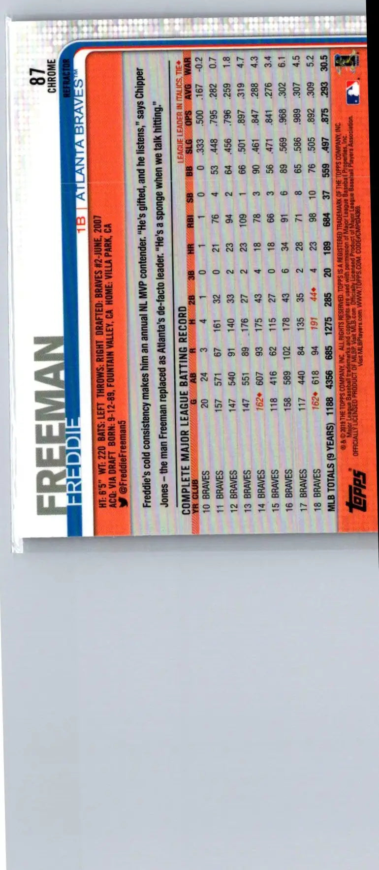 Back of 2019 Topps Chrome Freddie Freeman Pink Refractor card with career stats
