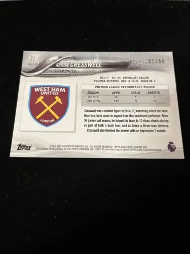 2019 Topps Chrome Soccer Aaron Cresswell #47 Gold REF Card West Ham #d 01/50