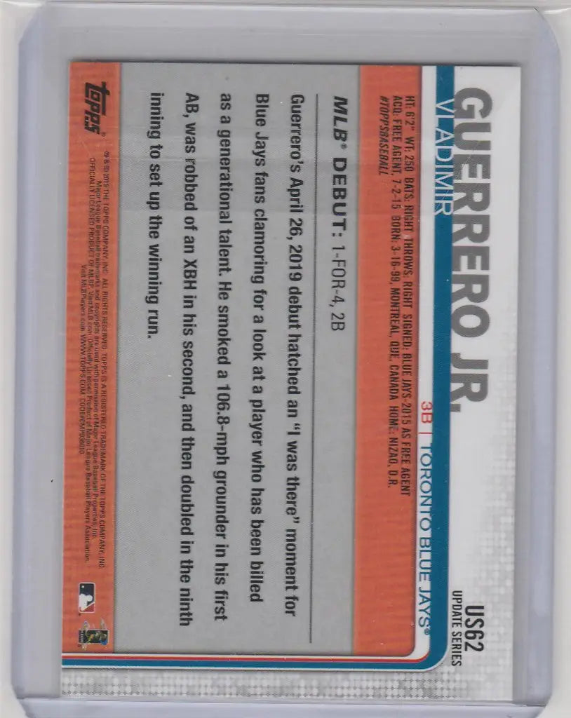 Baseball trading card back featuring player stats for 2019 Topps Complete Set Vladimir Guerrero Toronto
