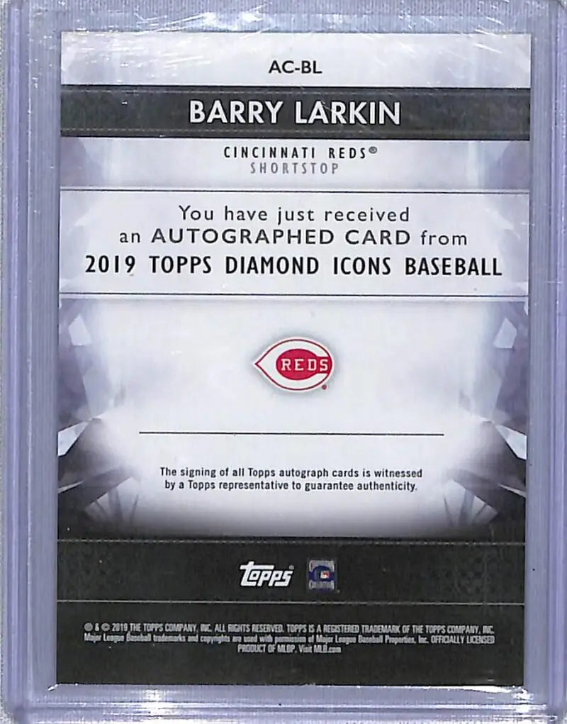 Autographed 2019 Topps Diamond Icons Purple Barry Larkin card notice Cincinnati Reds