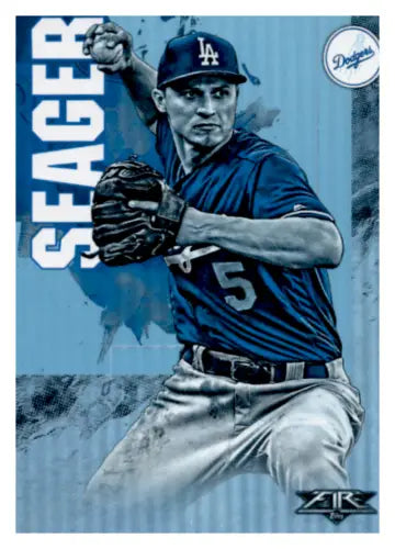 Baseball player Corey Seager in action on 2019 Topps Fire Blue Chip card