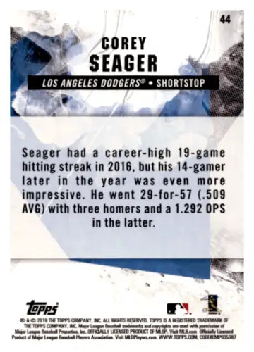 Back of 2019 Topps Fire Blue Chip #44 Corey Seager card featuring original gloss