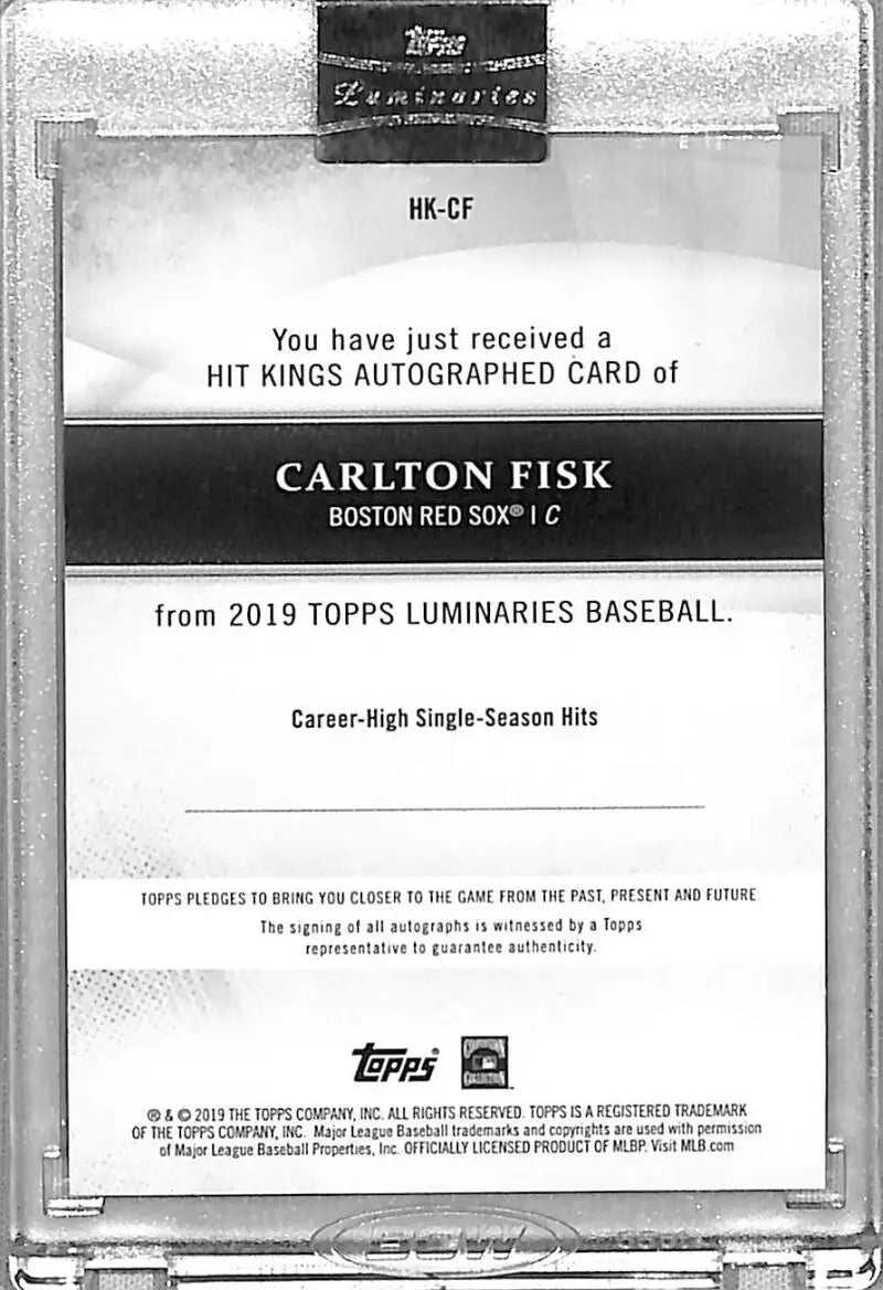 Autographed Carlton Fisk baseball card from 2019 Topps Luminaries Hit Kings featuring Boston Red Sox honor