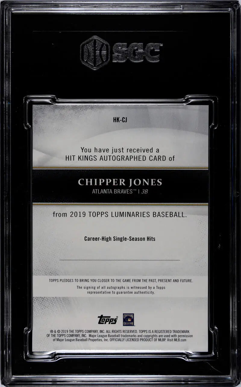 Back of 2019 Topps Luminaries Hit Kings Red Chipper Jones graded baseball card