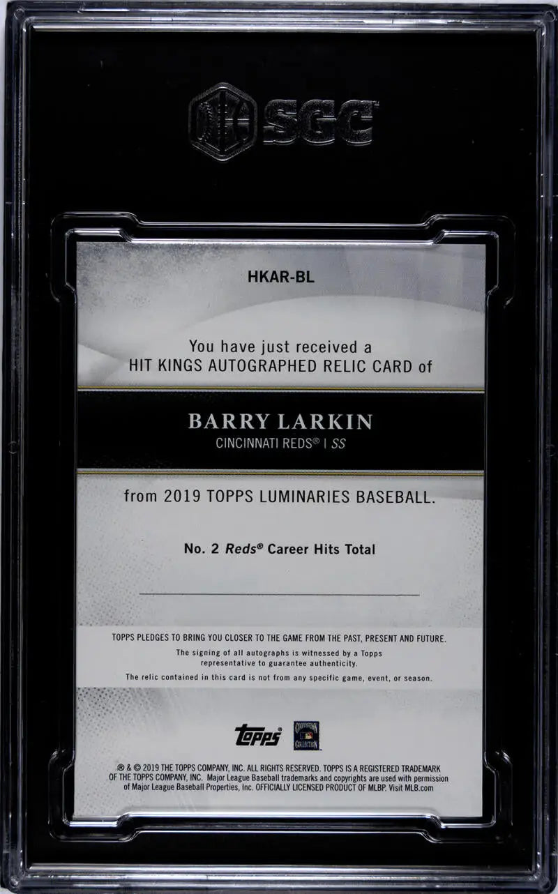 Back of a black BGS graded card holder showing details about Barry Larkin from Topps Luminaries