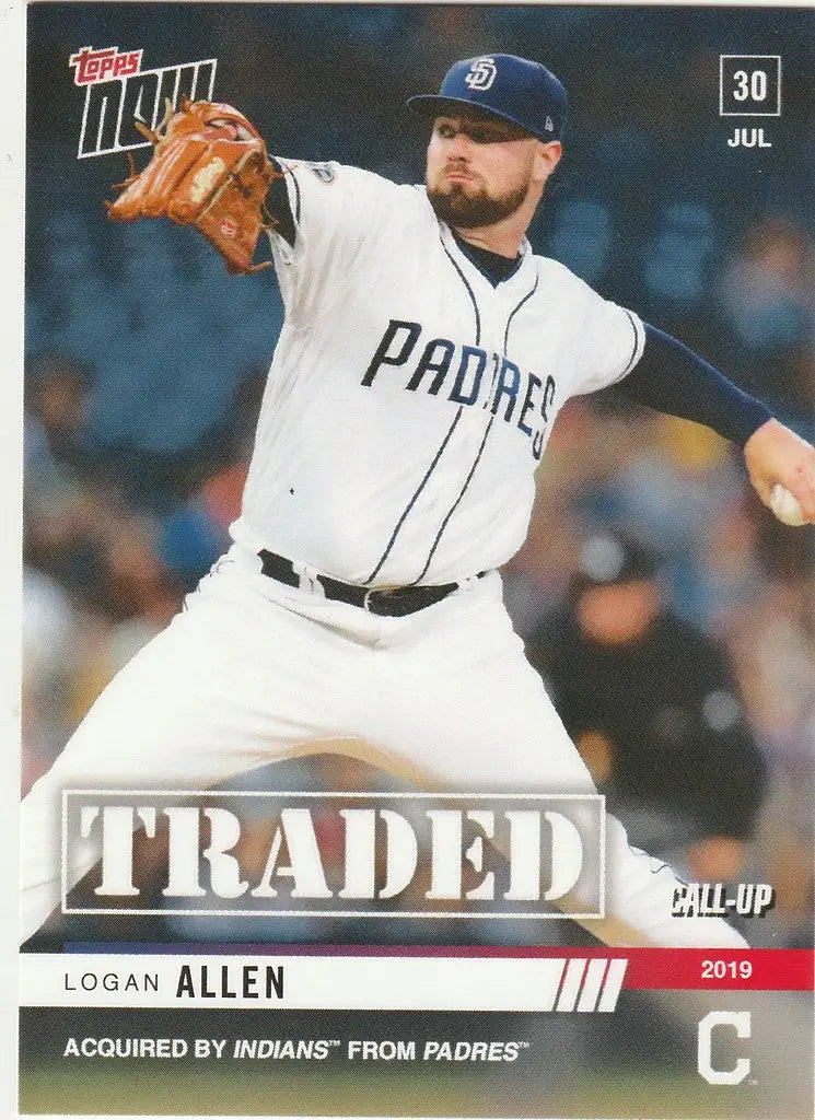 Baseball card of Logan Allen traded, showcasing pitcher for San Diego Padres mid-throw
