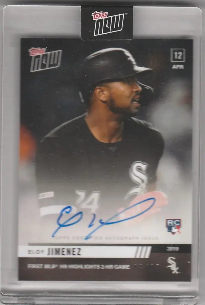 Baseball trading card of Eloy Jimenez 1st MLB HR from 2019 Topps Now 77A Auto