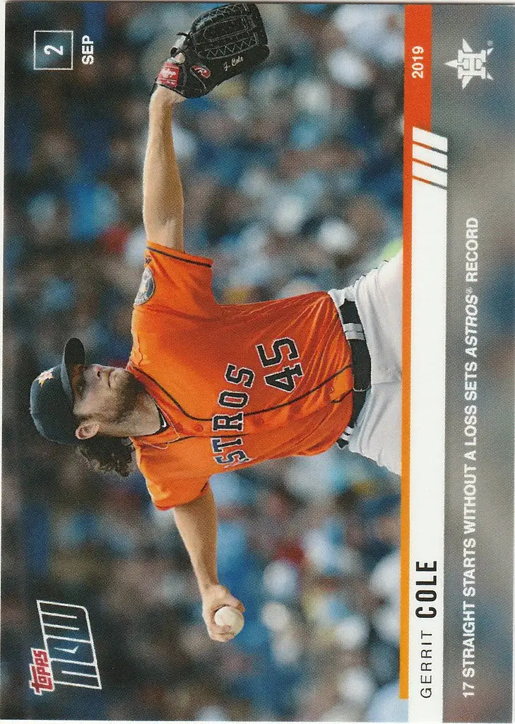 Baseball player Gerrit Cole in orange jersey pitching for Houston Astros on card