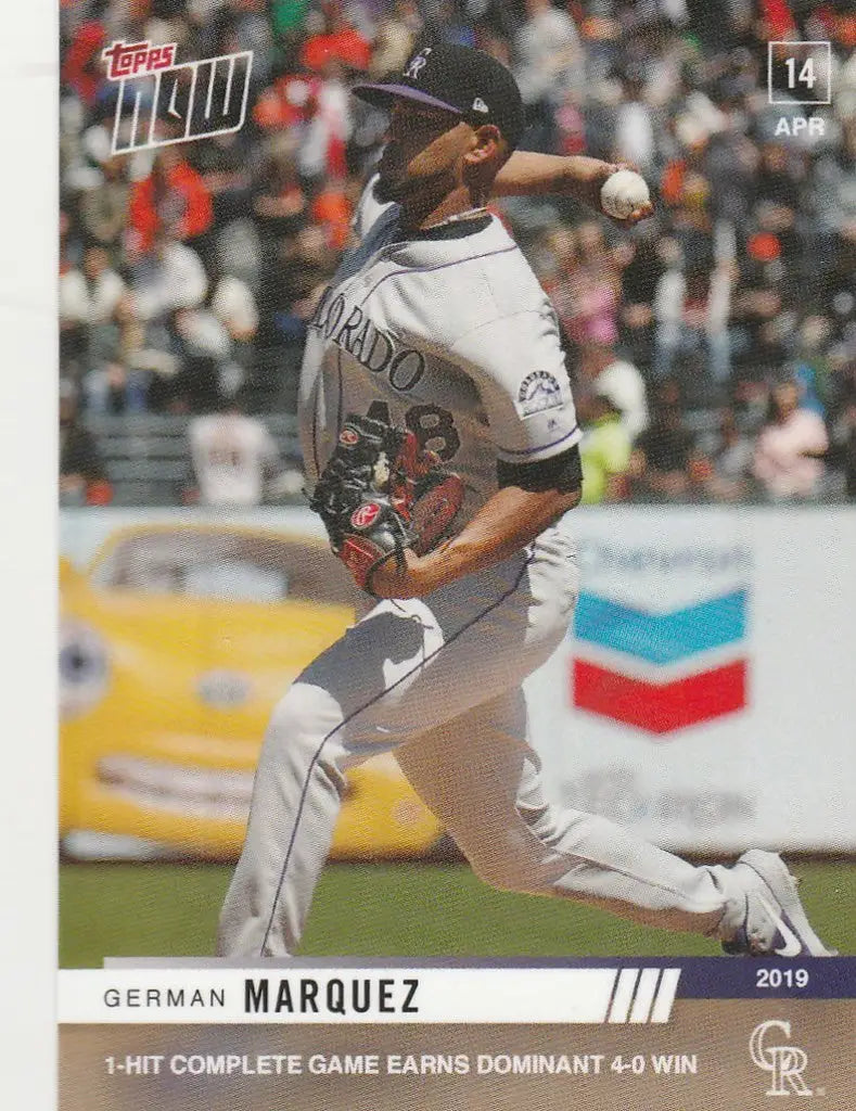 Baseball player German Marquez in mid-pitch for the Rockies during a complete game