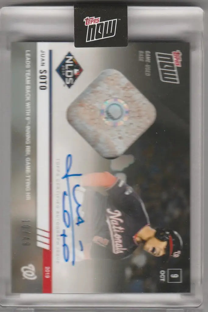 Baseball trading card of Juan Soto with blue autograph, 2019 Topps Now #993A